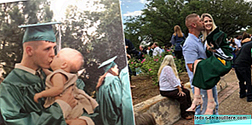 He graduated with his daughter in his arms and 18 years later they both recreated the same photo at her graduation