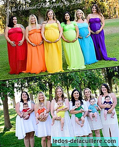 Seis mulheres unidas pela dor da perda posam com seus bebês arco-íris