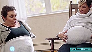A belt allows a mother to feel the movements of her twins in the belly of the surrogate mother