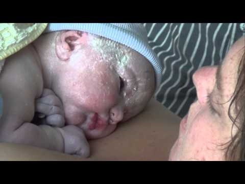 Borstcrawl: de pasgeborene zoekt de borst van zijn moeder om borstvoeding te geven